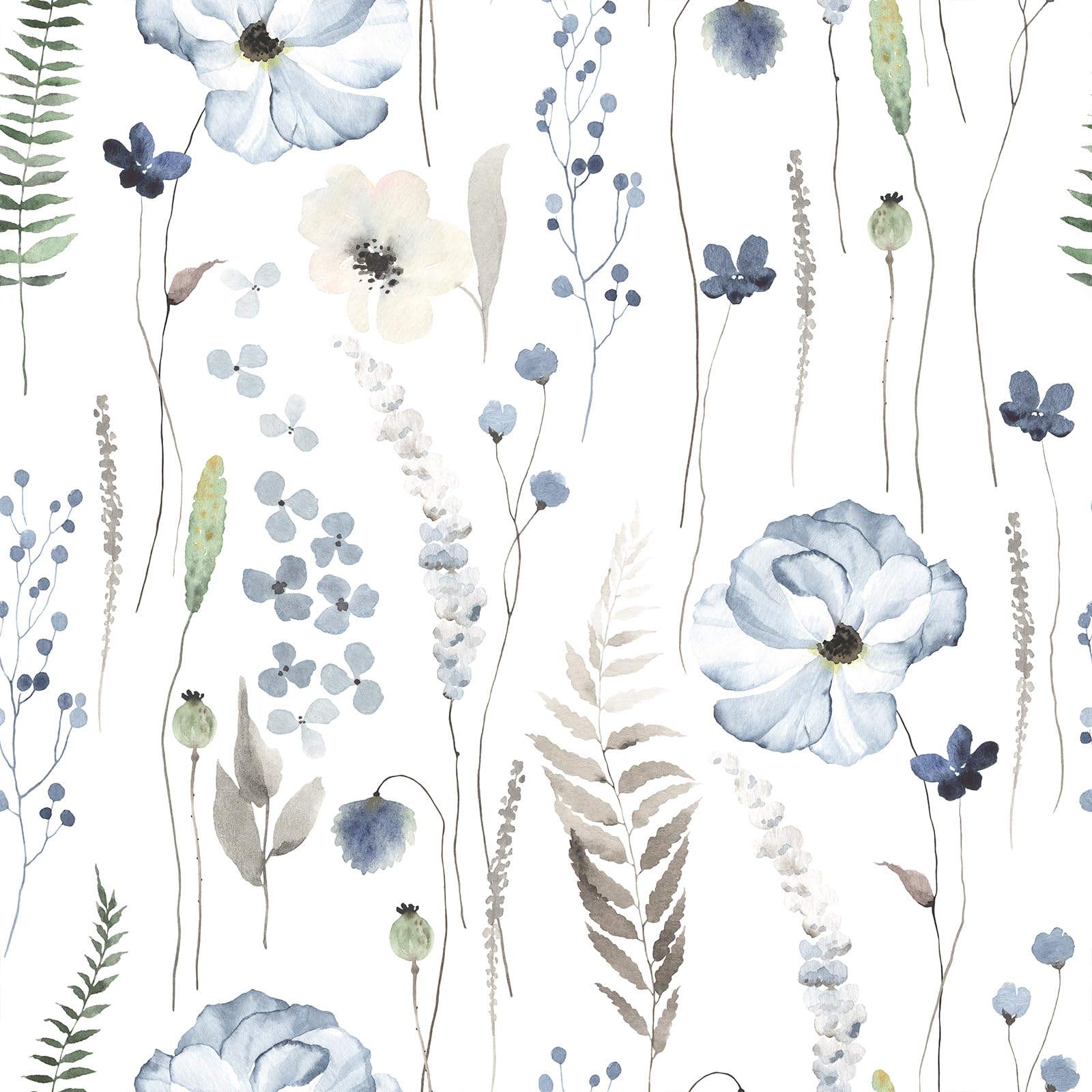 VEELIKE Watercolor Blue Floral Wallpaper Boho Fern Botanical Peel and Stick White Leaf Contact Paper for Furniture Bedroom Bathroom Nursery 44.5cm x 300cm