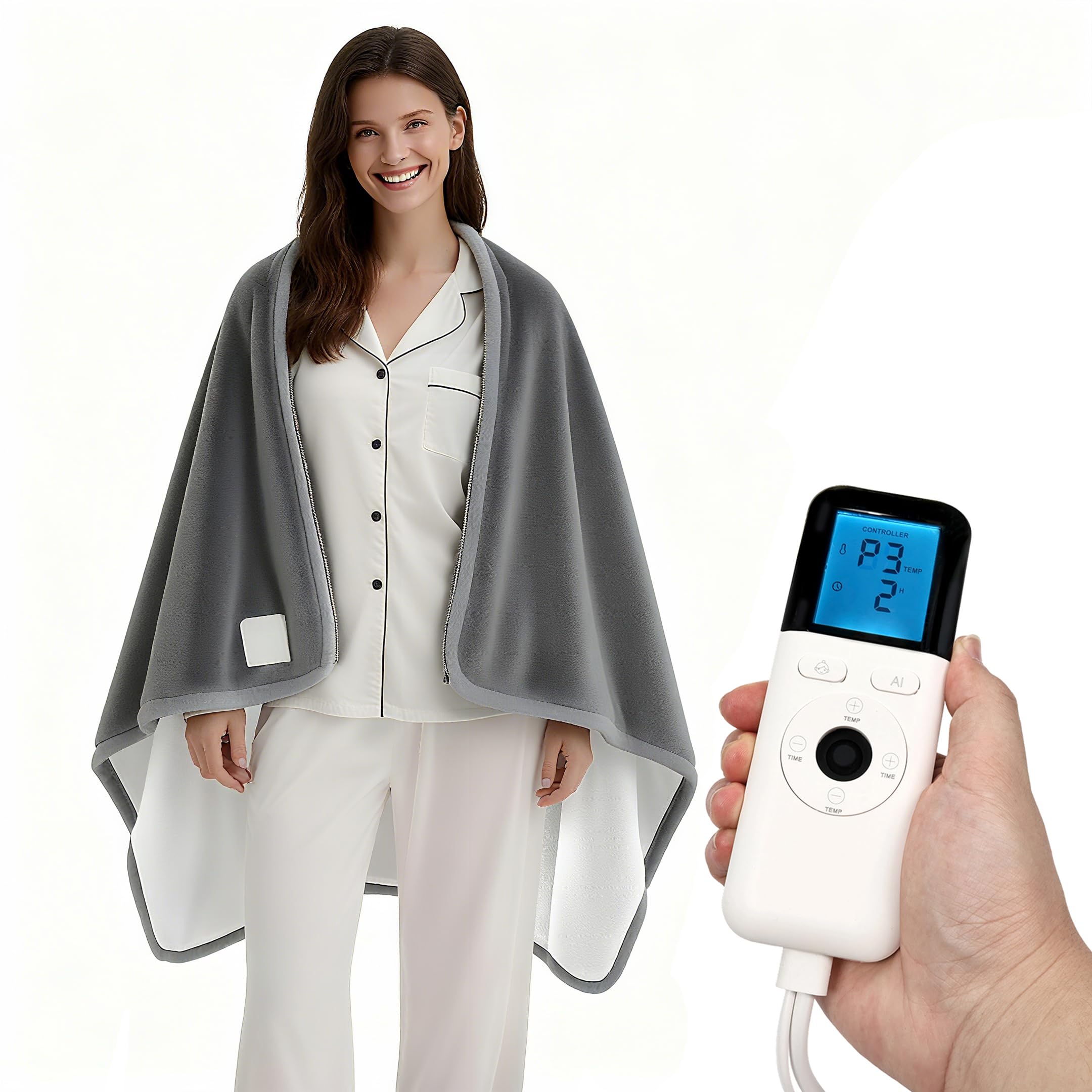 Photo 1 of ***(HEAVILY USED/ MINOR DAMAGE)***OIPUNSHLE Heated Wearable Shawl 33x59 Inch, 6 Heating Levels & 5 Timer Settings, Soft Sherpa to Fleece, UL Certified with Auto Shut Off, Machine Washable Gift for Christmas Home Office (Gray)