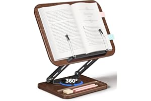 Viozon Book Stand for Reading, Book Holder 360° Rotating Base with Pen Slot, Foldable Reading Display Stand with Elastic Page Clips for Cookbook, Recipe, Textbook, Tablet, Laptop.