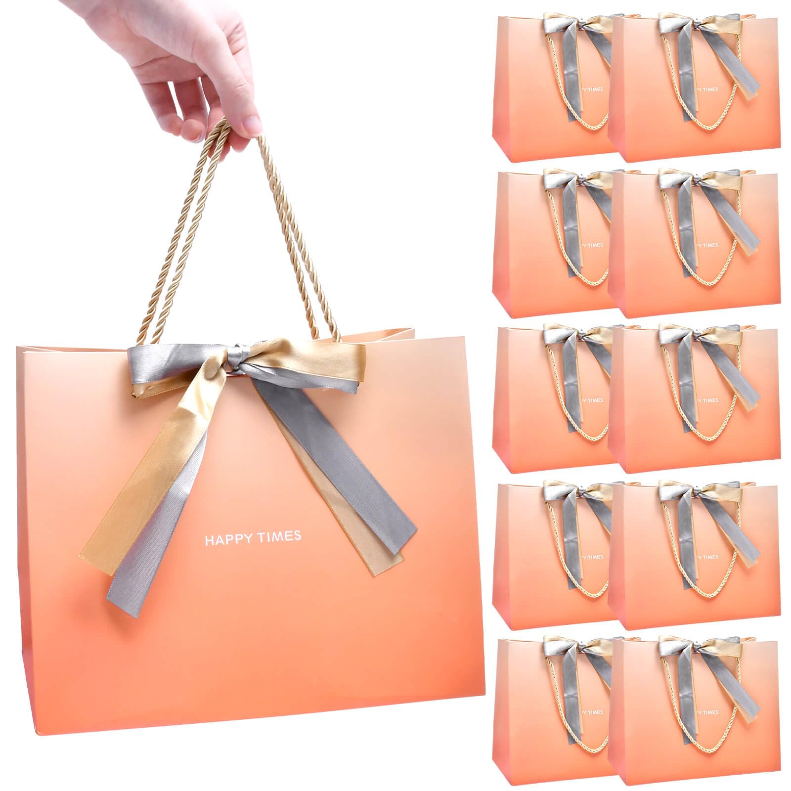 Photo 1 of 10 Pack Gift Bags With Handles, Gift Bag With Bow Ribbon Horizontal, Medium Orange Gift Bags Paper for birthday Party gift bags for women Shopping Wedding Bridesmaid Party Favor Retail Gift Sacks Supplies Supplies