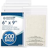 Spartan Industrial - 6” X 9” (200 Count) Self Seal Clear Poly Bags with Suffocation Warning for Packaging, Shipping - Permanent Adhesive