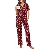 Ekouaer Pajamas for Women Set Button Up Sleepswear 2 Piece Short Sleeve PJ Top and Long Pants Loungwear With Pocket S-XXL