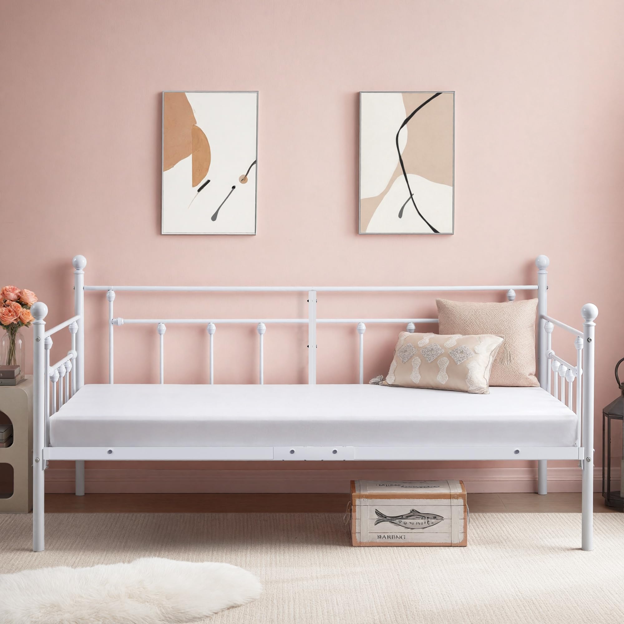VECELO Twin Size Daybed Frame Metal Steel Slat Support with Headboard Sofa Bed Platform for Living Room, Guest Room, Easy Assembly, White Image VECELO Twin Size Daybed Frame Metal Steel Slat Support with Headboard Sofa Bed Platform for Living Room, Guest Room, Easy Assembly, White Image