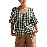 PUWEI Women's Button Down Shirts Summer Casual Plaid Shirt Square Neck Short Sleeve Cotton Blouse Tops
