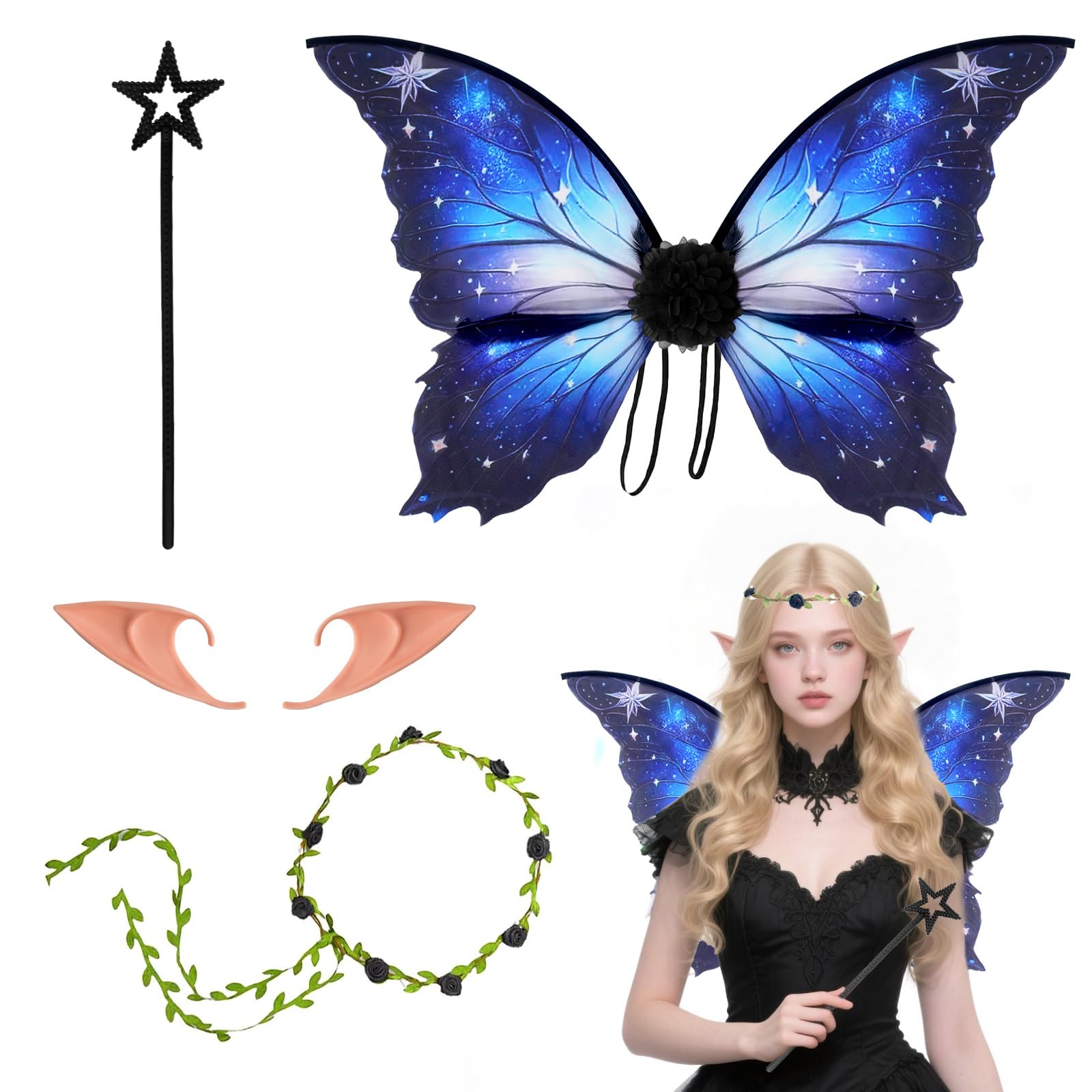 Yozexin Fairy Wings and Wand Kit, Fairy Costume Set with Fairy Wings, Flower Garlands Elf Ears and Magic Wands for Kids Adults Role Playing Holiday Gatherings