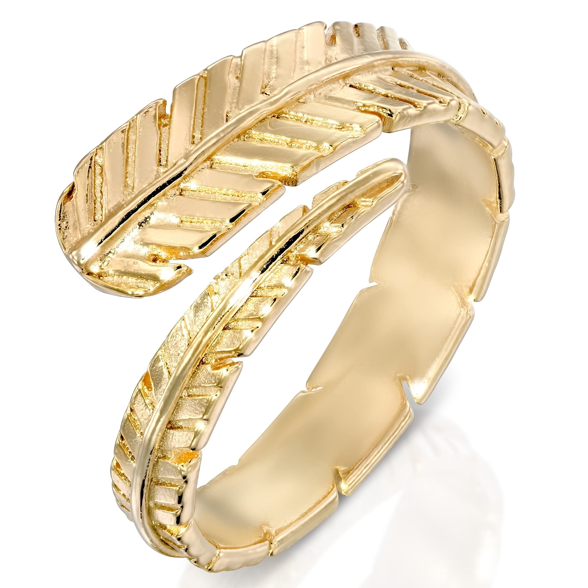 Photo 1 of Adjustable Feather Ring - 14K Gold Plated over 925 Sterling Silver Customizable Open Ended Spiral Ring, Dainty Flexible Feather Ring, Wrap and Fit to Every Finger, Handmade Jewelry Rings for Women