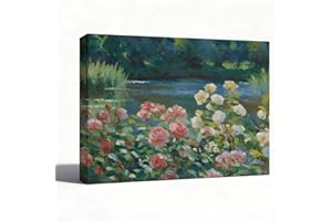 Floral Landscape Canvas Wall Art, Rose Garden by Lake Painting, Impressionist Nature Print, Cottagecore Wall Decor for Living