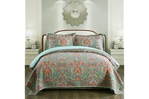 NEWLAKE Cotton Bedspread Quilt Sets-Reversible Patchwork Coverlet Set, European Gorgeous Floral Pattern, King Size
