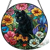 7.8 in Stained Glass Window Hanging, Black Cat and Colorful Flowers Sun Catchers Indoor Window, Core Decor Inside and Outside The Cottage, Gifts for Women -721