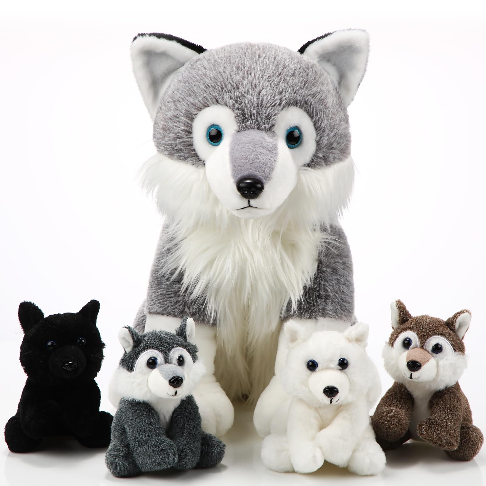 Photo 1 of Honoson 5 Pcs Wolf Plush Set 14 Inch Mommy Wolf Stuffed Animal with 4 Cute Baby Wolves in Her Zippered Tummy Soft Wolf Plushie for Wolf Lover Boys Girls Birthday Party Favors Gifts(Lovely)