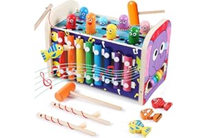 GraceDuck 8-in-1 Montessori Toys for 1+ Year Old Babies, Whack a Mole Game Wooden Hammering Pounding Toy with Xylophone & Fishing Toys, Developmental and Sensory Activities Toddler Toys Gift Ages 2-4