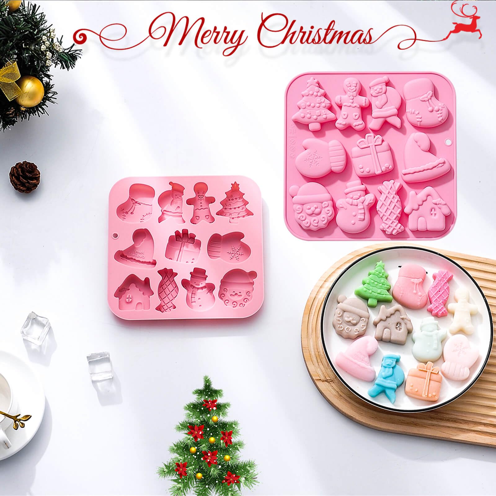 3 Pack Christmas Silicone Baking Mold, Christmas Tree Holiday Silicone Molds Soap Candy Molds for Chocolate Jello Snowman Gingerbread Snowflakes Socks Bells Santa Baking Mold (Xmas-Pink)