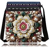 LSQFS DIY Diamond Art Painting Crossbody Bag for Women, Diamond Art Kits for Adults Ethnic Floral Pattern Shoulder Purse with Adjustable Strap & Zipper, Handmade Craft Bag for Shopping Traveling