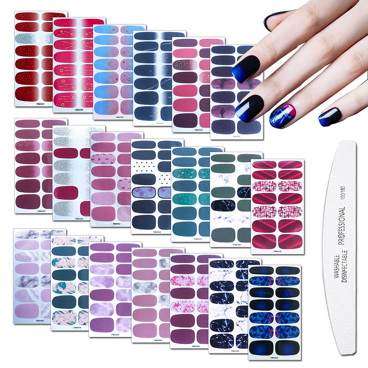 WOKOTO 20 Sheets Full Nail Wraps Nail Polish Stickers Strips Set with 1Pc Nail File Gradient Adhesive Nail Decals Design Manicure Tips Color Strips