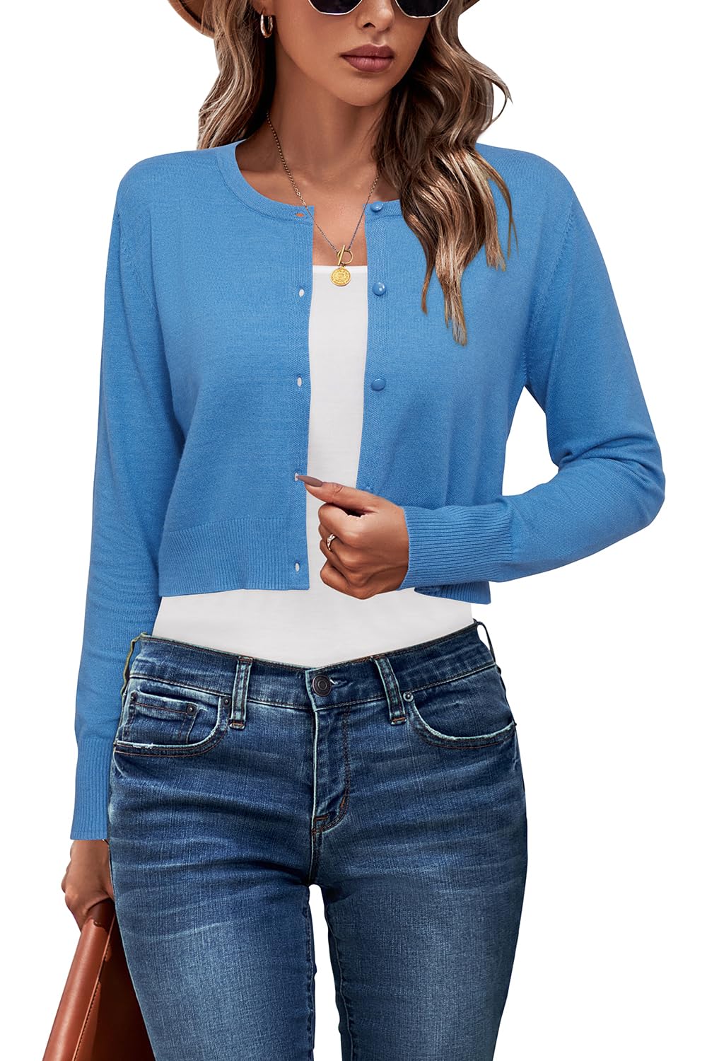 Newshows Cardigan Sweaters for Women 2026 Fashion Spring Summer Business Dressy Blue Crew Neck Button Down Open Front Knit Bolero Shrug Sweater(Blue02, Large) Image