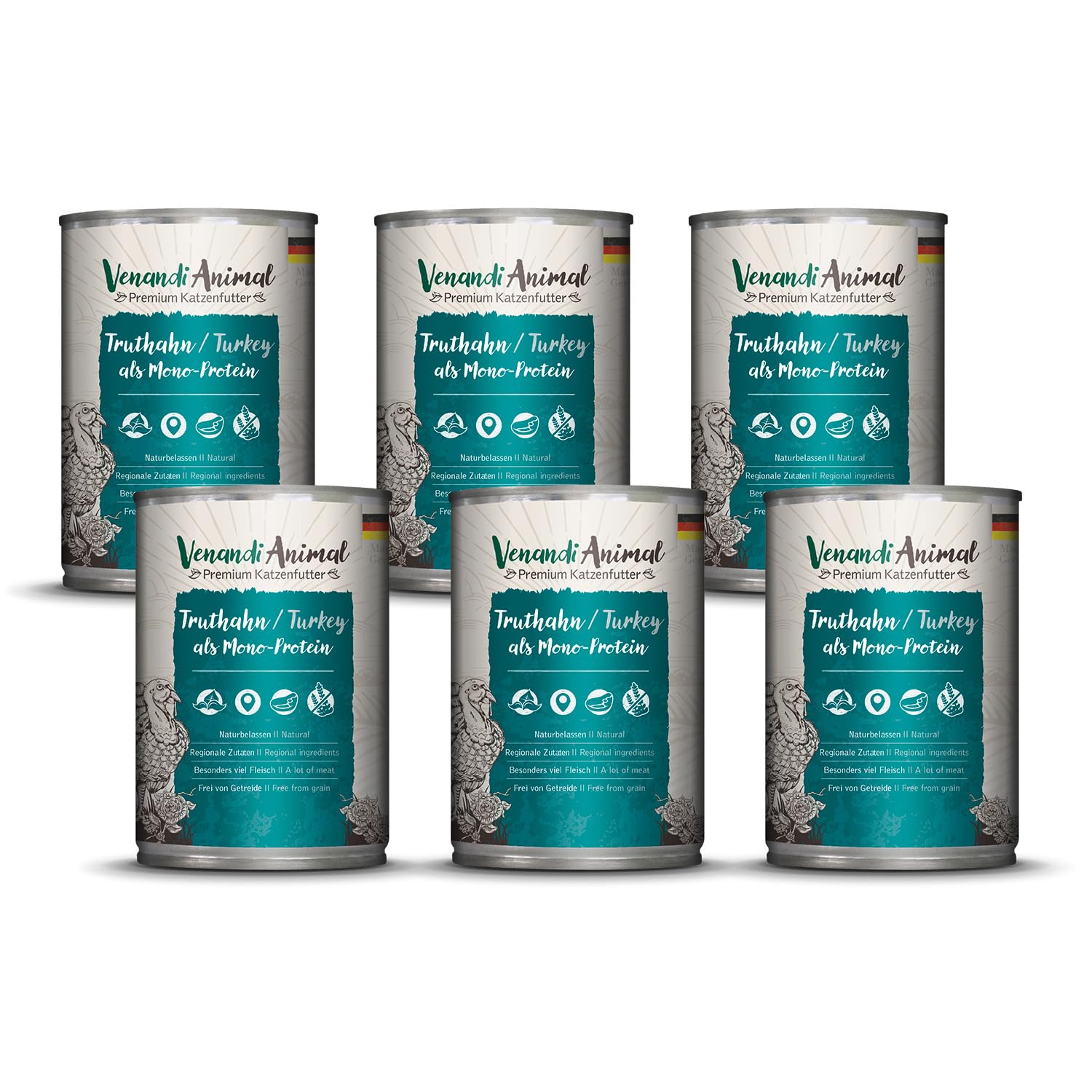 Venandi Animal Premium Cat Food, Turkey as Monoprotein, Wet Food, Grain-Free and Natural, Pack of 6 (6 x 400 g)