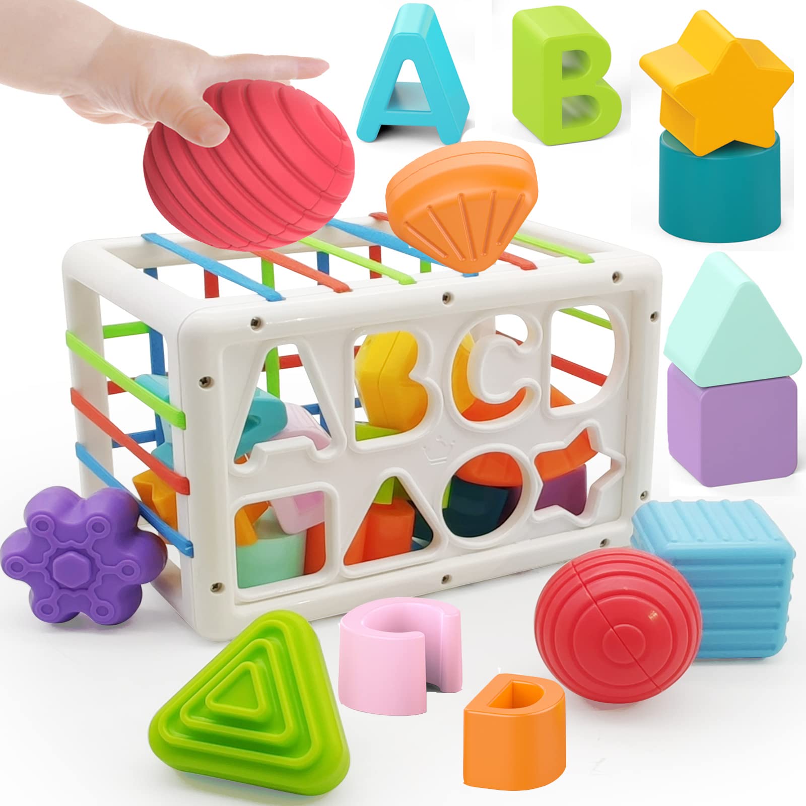 DQMOON Montessori Toys for 1 Year Old Boys Girls 1st Birthday Gifts, Baby Shape Sorter Cube for 12 18 Months, Brian Sensory Toys for Babies Early Educational Baby Travel Toys for Toddler Age 1-2