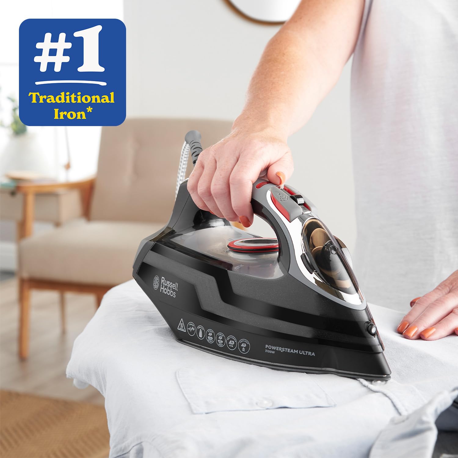 Russell Hobbs Steam Iron [3100W, 210 g/min extra steam boost, 70 g/min steam] Power Steam (350ml, ceramic soleplate, self-cleaning & spray water function, anti-limescale, drip stop) 20630