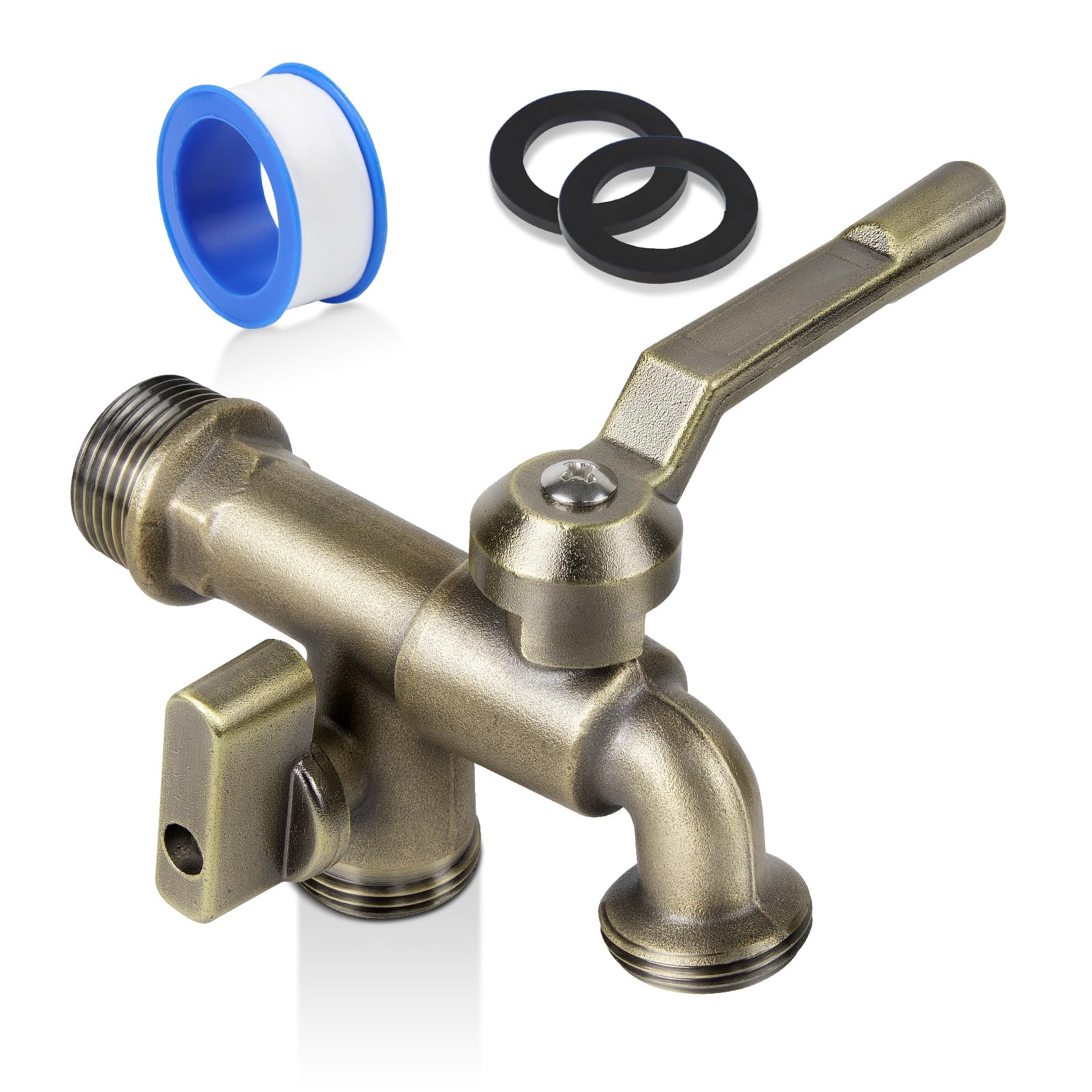 Photo 1 of Outdoor Garden Water Faucet with Double Outlet, Outside Wall Mounted Garden Water Faucet with Two 3/4 Inch Brass Ball Valves, Rust & Frost-Proof Outdoor Spigot Water Tap for Garden Hose (Male, Bronze)
