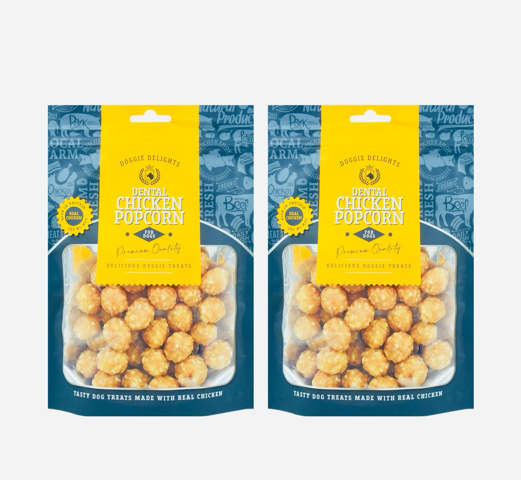 2x Doggie Delights Dog Treats For Dogs Premiam Quality Delicious Doggie Healthy Treats High In Protein Low in Fat Real (2x Chicken Popcorn - Each 175g)