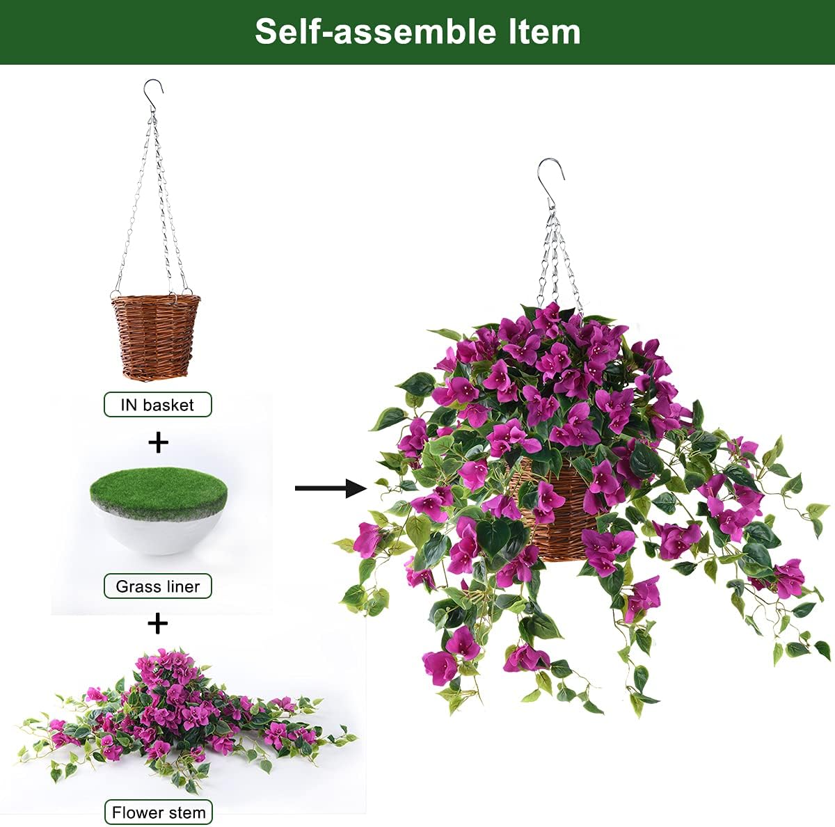 INQCMY Artificial Flowers Hanging Basket with Bougainvillea Silk Vine Flowers for Patio Lawn Garden Decor,Fake Flower Centerpieces, Artificial Hanging Plant in Ivy Basket for Outdoor/Indoor(Purple): Kitchen & Dining