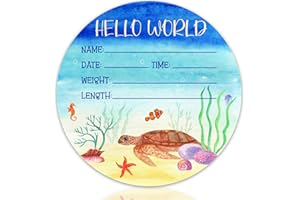 CLHHM Baby Announcement Hello World Newborn Sign, Sea Turtle Theme Wooden 6 Inch Round Board, Ocean Newbaby Gifts, Nursery Wall Décor, Baby Name Sign for Boys Girls