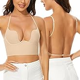 Low Back Bras for Women-Seamless Backless Bra Deep U Plunge Invisible Low Cut Bras Multiway Convertible Straps Halter Bra