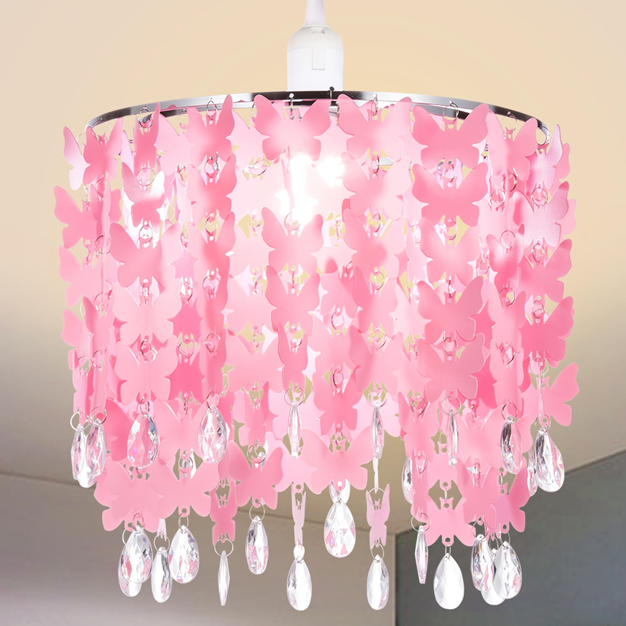 Butterfly Light Shade for Ceiling Pendant Light, Dreamy Lightshade with Crystal Beads, Easy Fit Lampshade with Star Light Effect for Girl’s Bedroom Decoration, Diameter 30cm, Pink