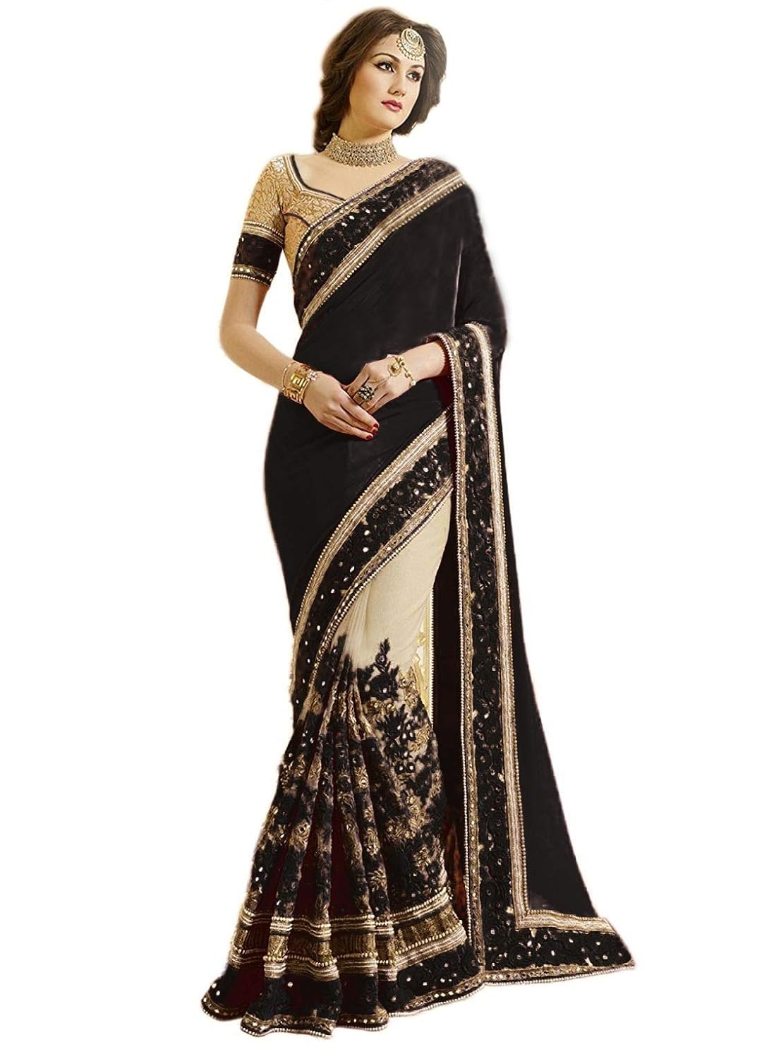 panash trends women's heavy embroidery work satin chiffon net saree