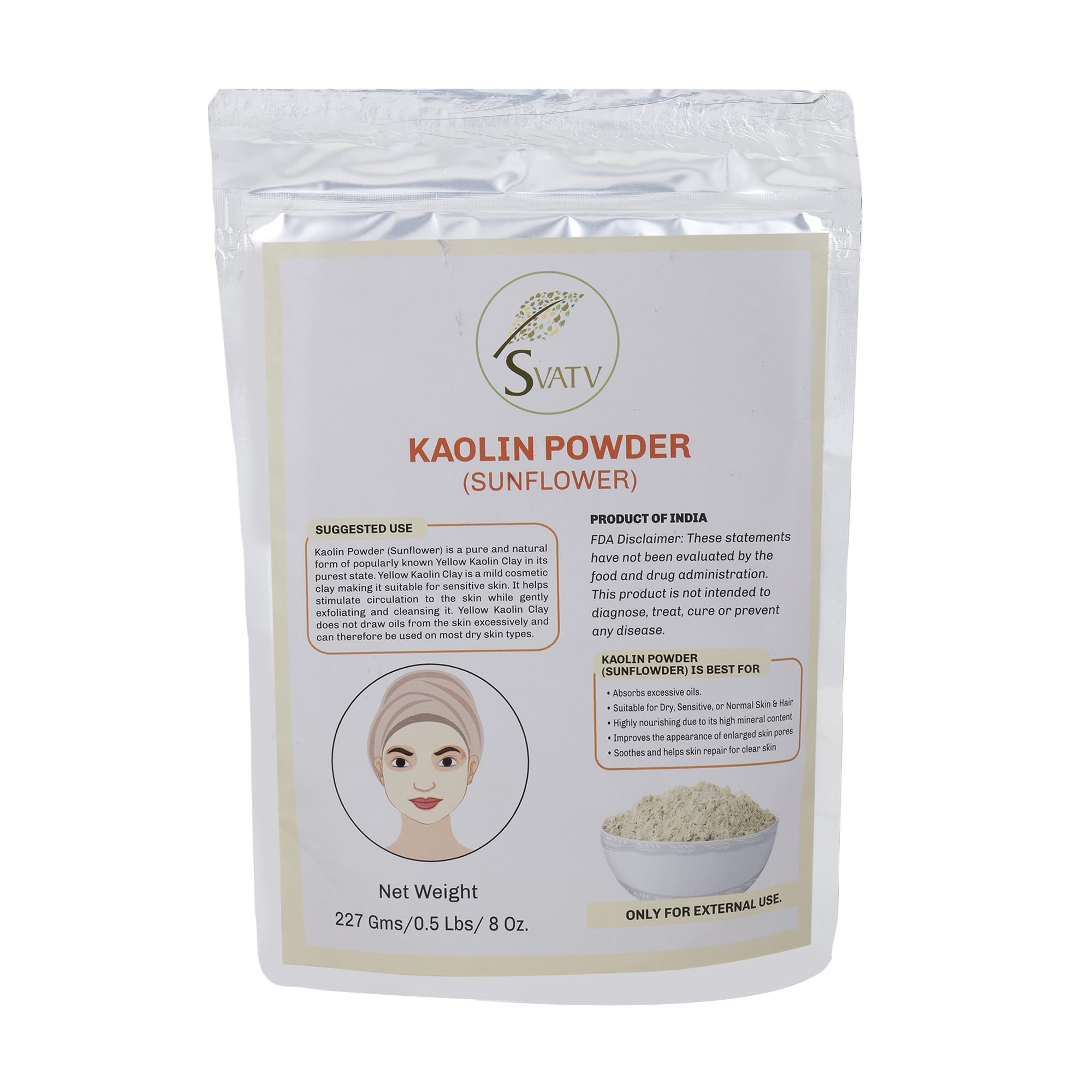 SVATV Sunflower Kaolin Powder For Face Mask Herbal Skin Face Powder Makeup, Bath Bomb Clay, Spa Mud Mask For Facial Face 227g