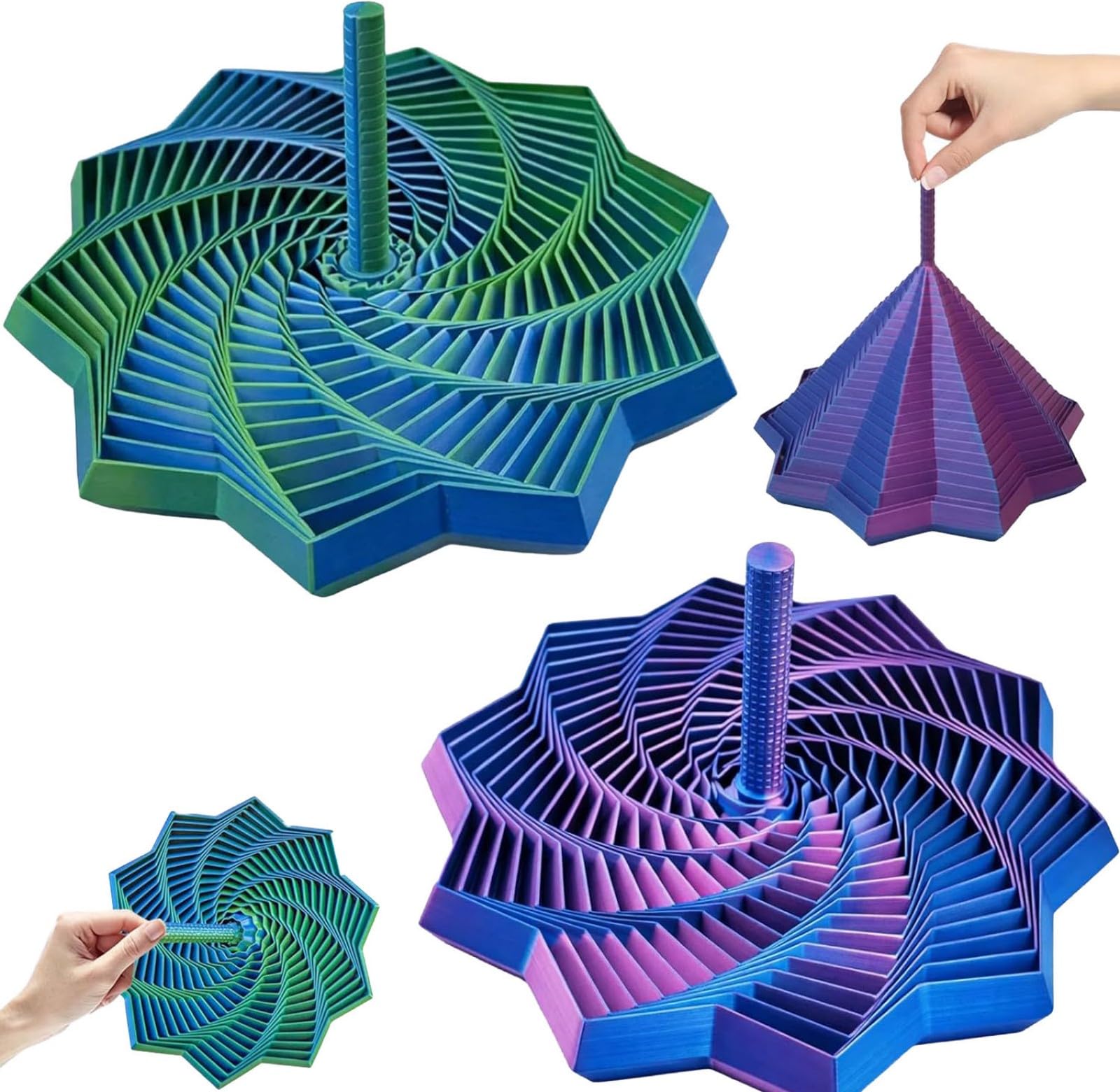 Fractal 3D Fidget Star Twin Pack – 3D Printed Fidget Toy with Expandable Hexagonal Design, Novelty Sensory Spinner for Anxiety Relief & Focus (Green & Purple)