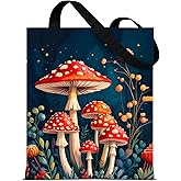 QYCFDXD Vintage Mushroom Canvas Tote Bag for Women, Aesthetic Botanical Mushrooms Reusable Shoulder Bag for Grocery Shopping