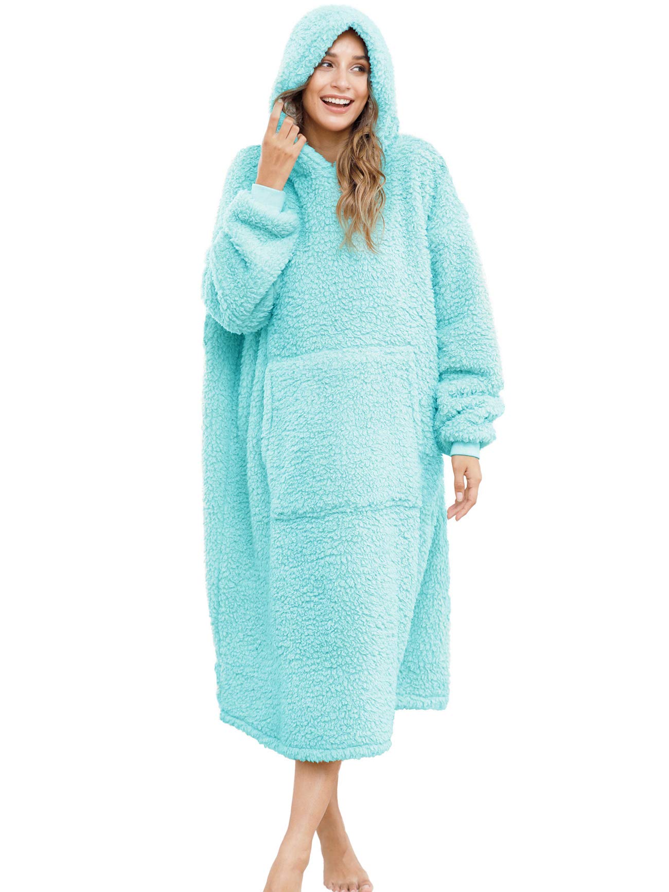ililmmoe Sherpa Wearable Blanket Oversized Hoodie Sweatshirt TV Blanket with Long Sleeves and Pocket-LakeBlue — image 1