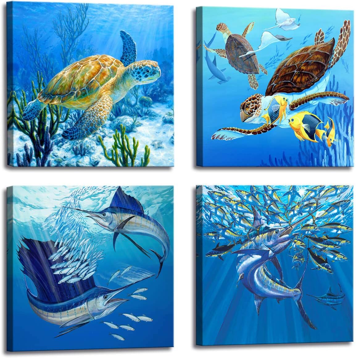 Sea Turtle Decor Beach Theme Decor for Home - 4 Panels Ocean Tropical Fish Xiphiasgladius Painting Canvas Prints Modern Large Canvas Artwork Pictures for Living Room Bedroom Decor 16x16 inch 4pcs/Set