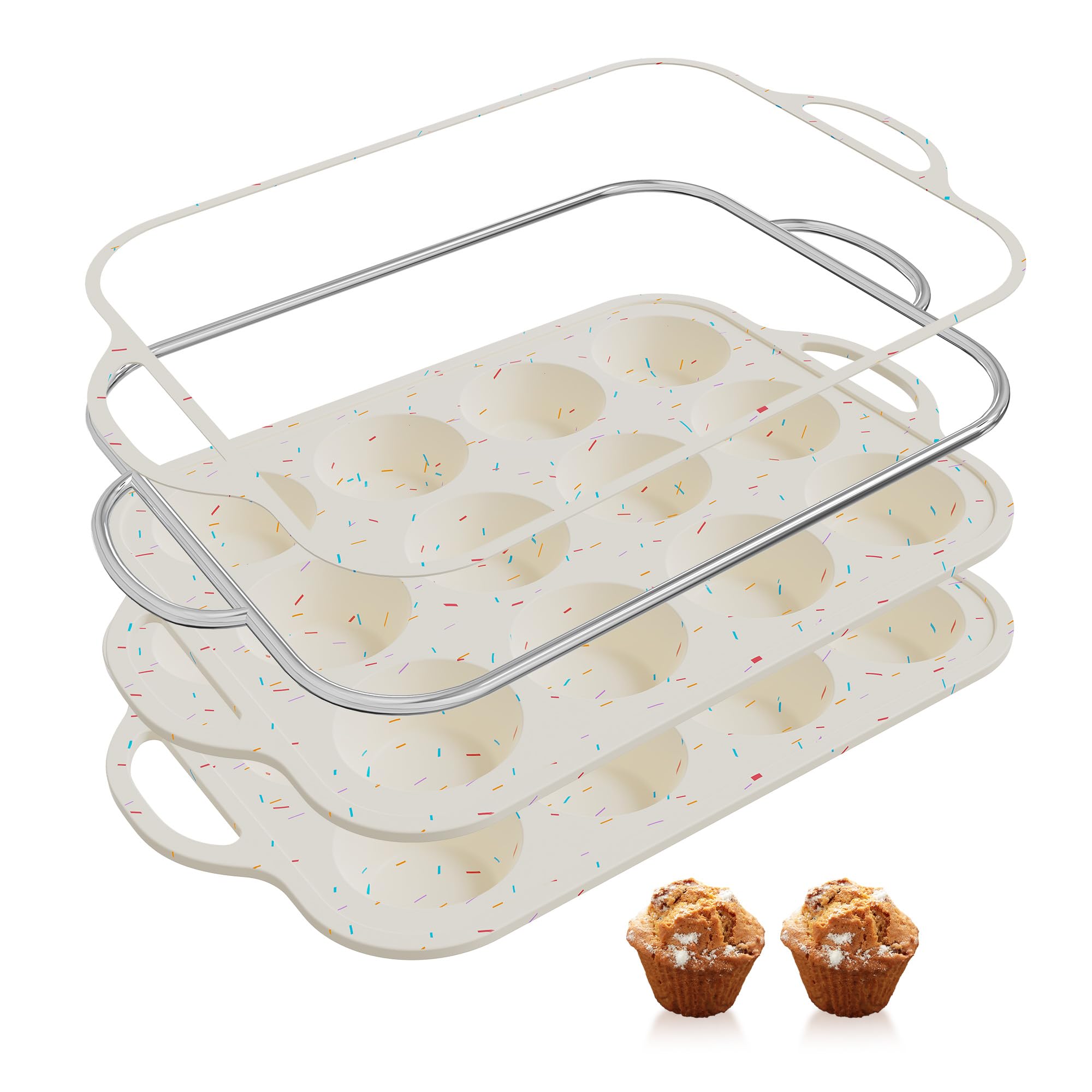 Photo 1 of 2 Packs 12 Cups Silicone Muffin Pan for Baking with Metal Reinforced Frame Regular Size Cupcake Pan Tray Chocolate Egg Pizza Bites Oven Top Cookie Molds Muffin Tin Tart Pans Sheet Set Bakeware Liner