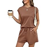 LOMON Two Piece Shorts Sets for Women Vacation Trendy Lounge Sets Crew Neck Matching Sets Cap Sleeve Airport Suits
