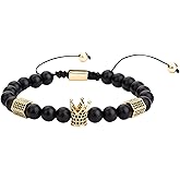 JOYA GIFT 8mm Black Matte Onyx Beads King Crown Braided Bracelet for Men with CZ Charm