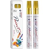 TFIVE Gold Permanent Markers Paint Pens, 2 Pack Oil Based Paint Markers | Metallic, Waterproof, Quick Dry, Never Fade, Medium Tip Marker Pens for Rock, Wood, Metal, Plastic, Canvas, Glass, Rubber