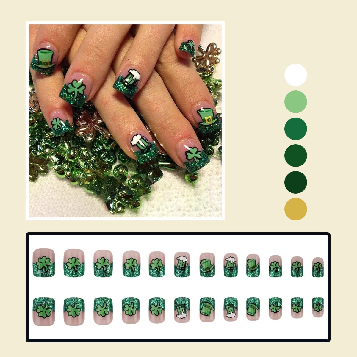 24Pcs St. Patrick's Day Press on Nails Short Fake Nails Lucky Shamrock Stick on Nails Green French Tip False Nails Coffin Shape Glue on Nails Irish Clover Acrylic Nails for Women Spring Holiday Nails - Image 2