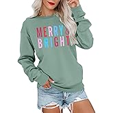 MOUSYA Christmas T-Shirt Women Merry Bright Colorful Letter Printed Sweatshirt Casual Long Sleeve Round Neck Pullover Tops