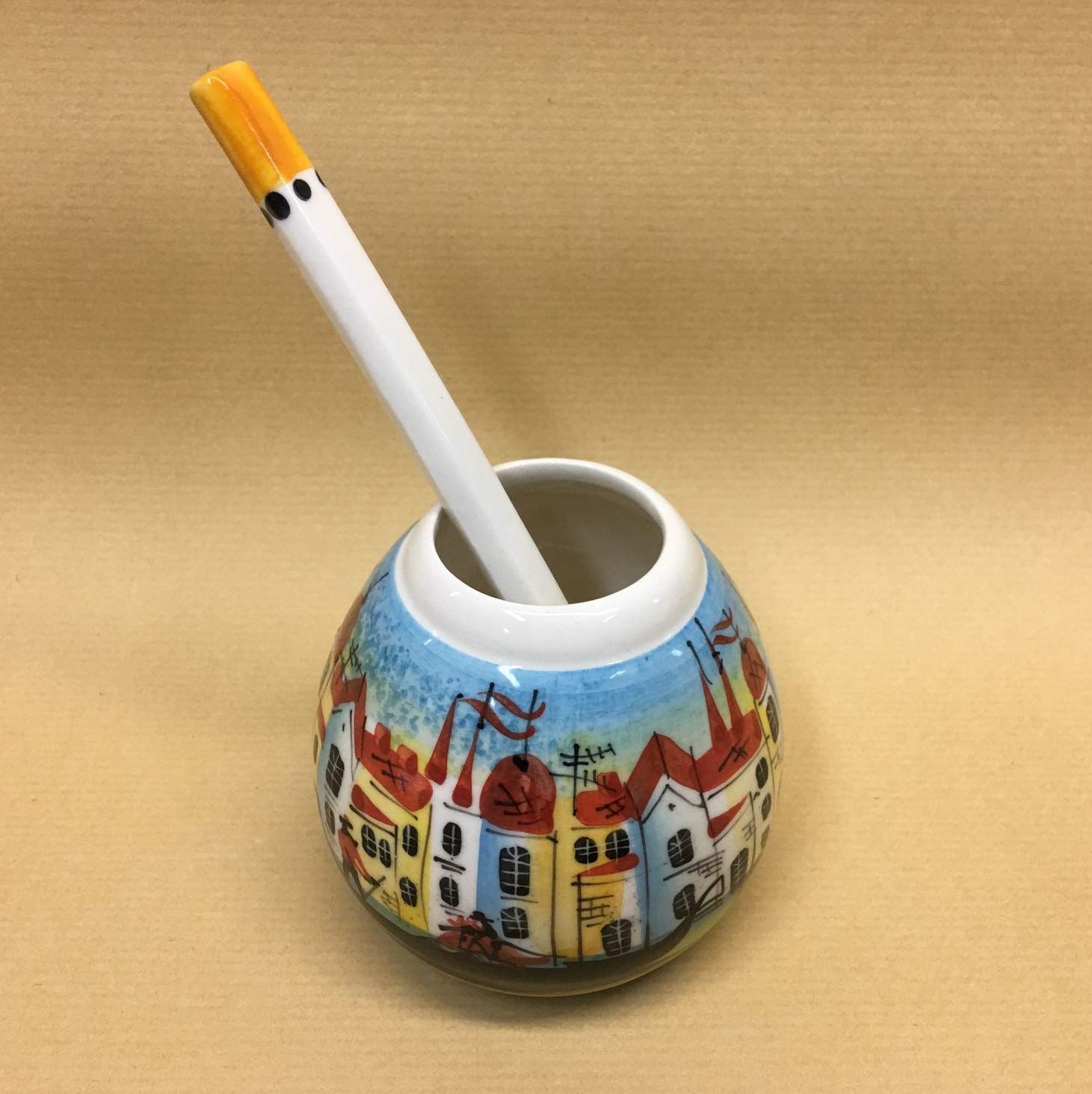 Mate tea cup with bombilla"Morning in Venice" porcelain, handmade and handpained