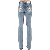 Miss Me Women's Shelly Fleur De Lis Embellished Pockets Mid-Rise Slim Bootcut Jeans