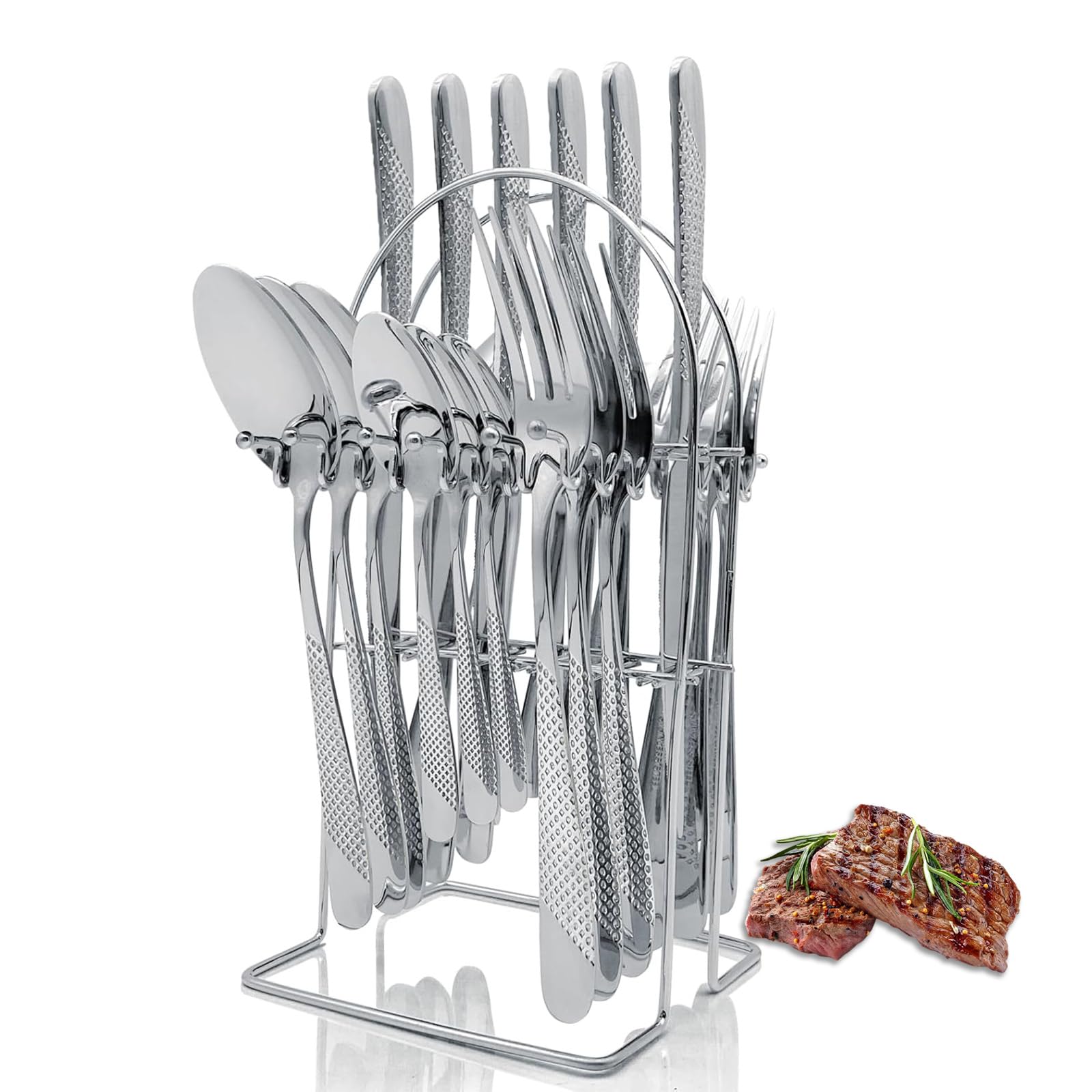 Cutlery Set with Stand, 24 Piece Gold Silverware Set Cutlery Set, Stainless Steel Flatware Set for 6 Person, Mirror Polished Tableware Set with Holder for Home Kitchen (Silver)