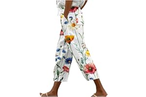 bawilom Hawaii Capri Pants for Women Casual Tropical Floral Print Pants Elastic High Waist Drawstring Summer Beach Trousers
