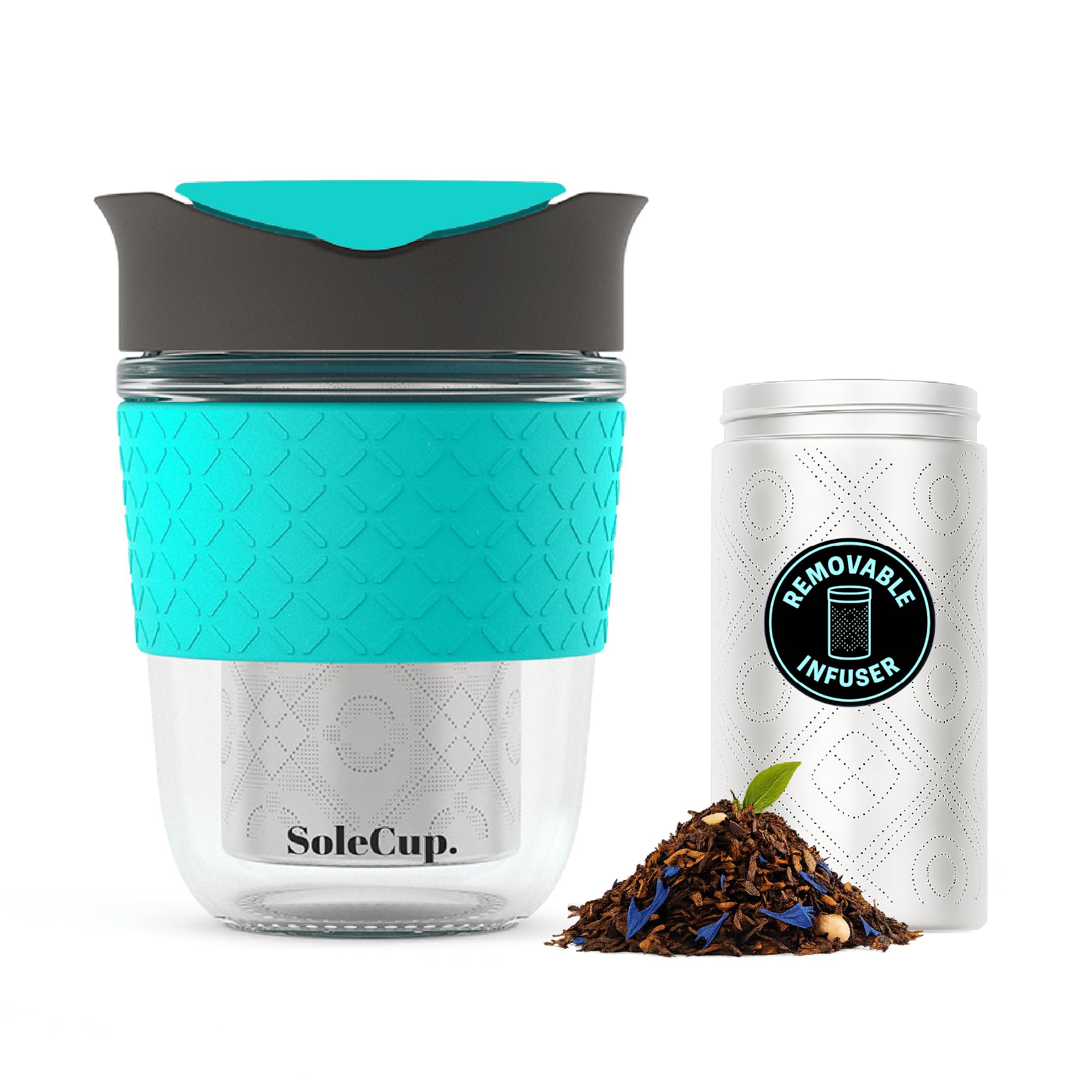 SoleCup. Travel Mug Loose Tea Infuser - Detachable Tea Strainer with Spillproof Lid - BPA-Free Reusable Glass Travel Coffee Cup with Silicone Band (Grey and Blue, 340ml / 12oz)