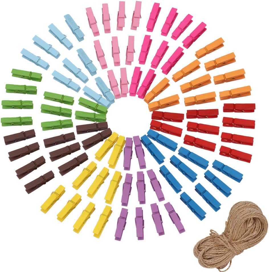 Aprince Mini Wooden Clips 100 Pcs Micro Colored Clothespins Set Photo Paper Peg Pin Natural Wooden Craft Clips with Jute Twine 10 Colors