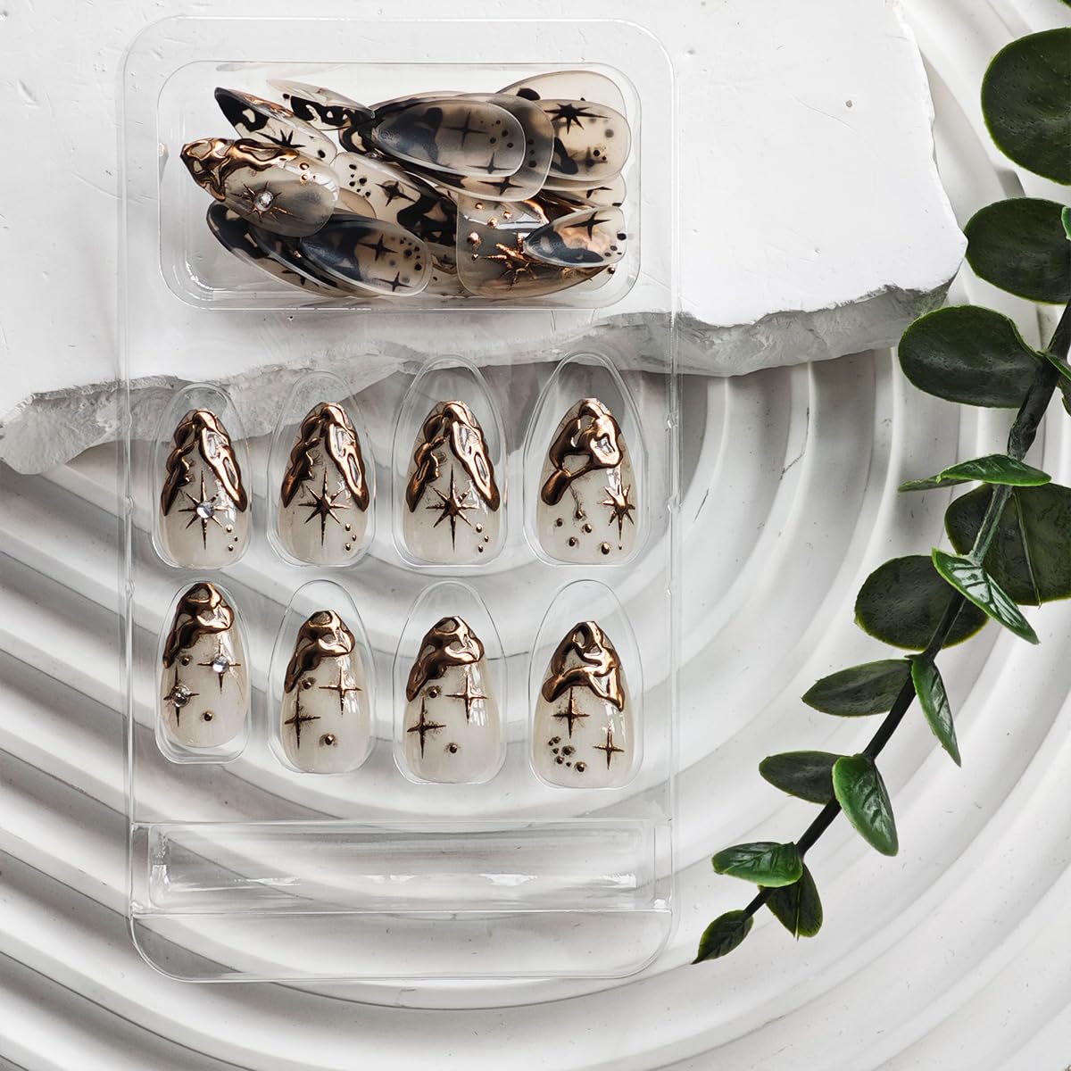 Gold French Tip Press on Nails Short Almond Fake Nails Nude False Nails With 3D Gold Irregularity Chrome Design Glue on Nails Glossy Acrylic Full Cover Star Moon Stick on Nails for Women 24Pcs - Image 4