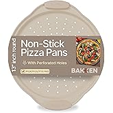 Bakken Pizza Baking Pan - Round Perforated Carbon Steel Pan with Non-Stick Marble Coating, Oversized Silicone Handle, Dishwasher Safe, High-Temperature Resistant, Durable, and Easy Cleanup White