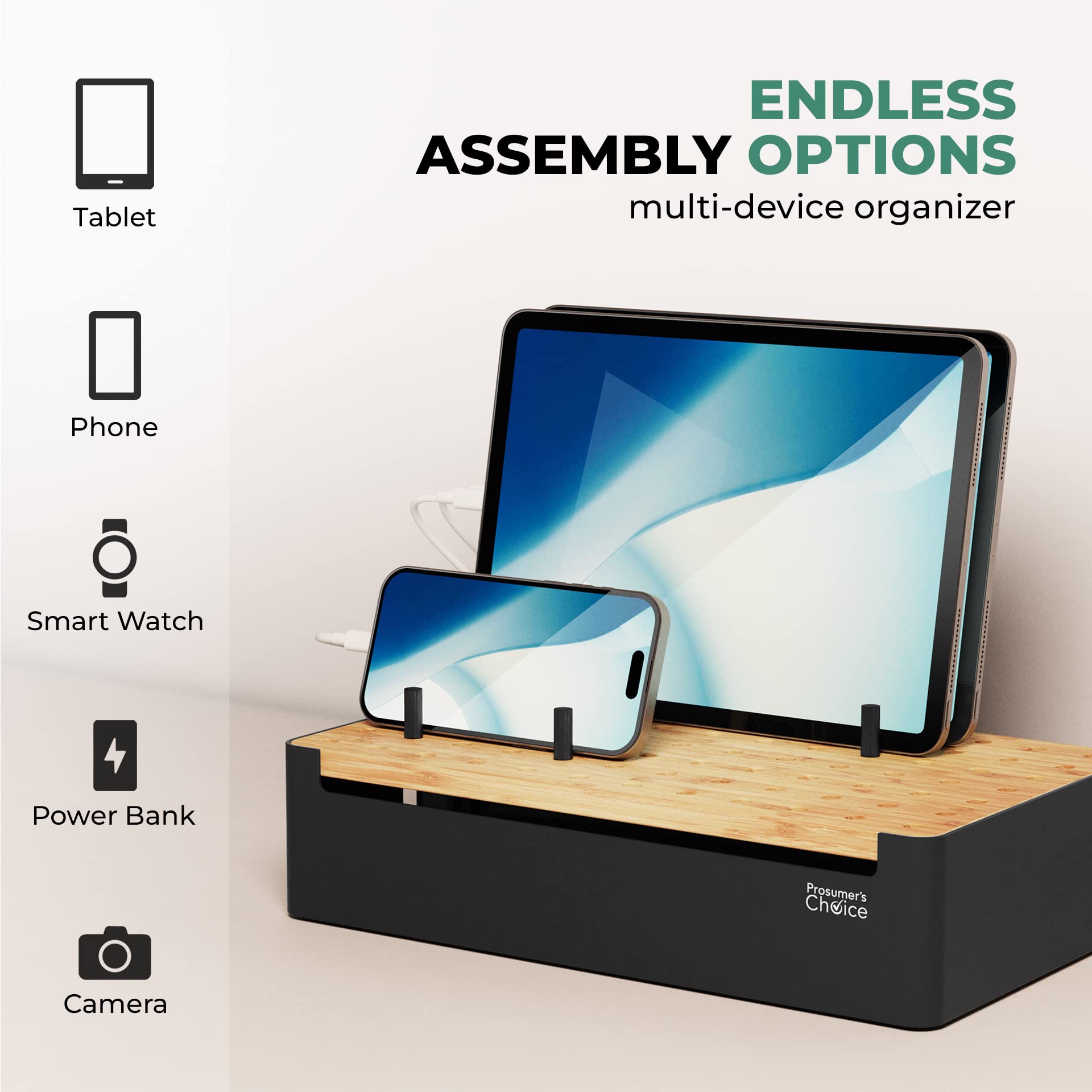 Prosumer's Choice Black Wooden Charging Station Organizer for Multiple Devices - Cable Management Box with 5 Slots and Removable Dividers - Charger Organizer for Phone, Tablet, Home, Office, 12
