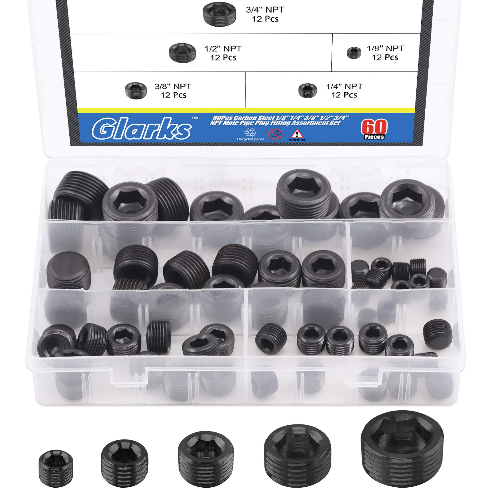 Glarks 60Pcs Carbon Steel 1/8 inch 1/4 inch 3/8 inch 1/2 inch 3/4 inch NPT Male Pipe Plug Fitting Assortment Set Internal Hex Thread Socket Pipe Plug Kit